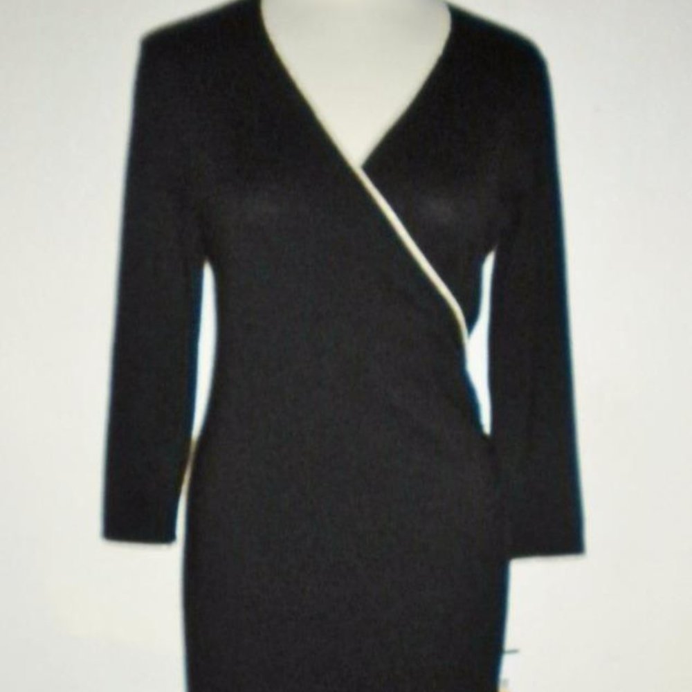 CALVIN KLEIN MS SIZE SMALL BLACK GOLD TRIM 3/4 SLEEVE V-NECK FASHION WRAP DRESS